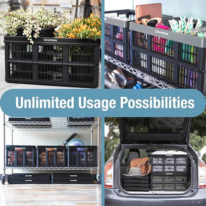 CleverMade Collapsible Utility Crates, Obsidian, 3 Pack, 45L/11 Gal, 66 lbs Capacity, Stackable Containers, Heavy Duty, Space-Saving Baskets,Polypropylene (PP)