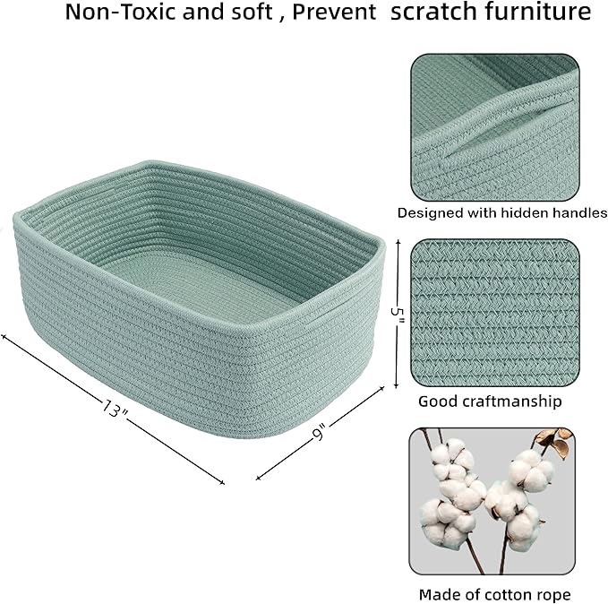 XUANGUO Small Woven Storage Baskets 13“X9”X5“ Decorative Rope Bins for Organizing Shelves, Closets, and Toys, Empty Gift Baskets, Cute Organizer Basket for Home and Office (green, Large)