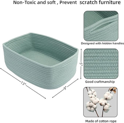 XUANGUO Small Woven Storage Baskets 13“X9”X5“ Decorative Rope Bins for Organizing Shelves, Closets, and Toys, Empty Gift Baskets, Cute Organizer Basket for Home and Office (green, Large)