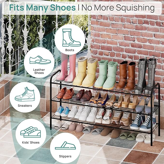 viewcare Long Shoe Rack for Closet, 3-Tier Extra Long Shoe Rack for Entryway & Garage, Sturdy Metal Construction, Shoe Organizer Holds 15-18 Pairs