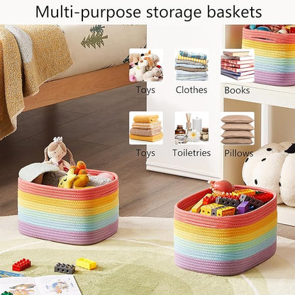 Rainbow Rope Basket for Storage 4 Pack Cotton Rectangular Baskets for Shelves Woven Toy Storage Bins for Nursery Kids in Classroom 12.7"Lx9"Wx7.9"H