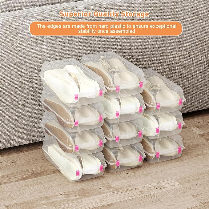 Shoe Organizer for Closet, 4 Pack Plastic Shoe Storage Boxes, Space Saving Stackable Shoe Storage Bins, Sneaker Storage Containers with Clear Lids for Display, Red