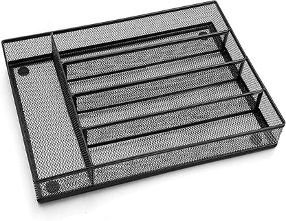 LIANYU Silverware Utensil Drawer Organizer, 5 Compartments Steel Mesh Cutlery Flatware Tray with Foam Feet, 9 1/4" W x 12 1/2" L x 2" H, Black