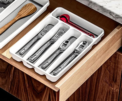 madesmart Small Silverware Tray, Compact 5 Compartment Flatware Organizer for Forks, Knives & Spoons, Non Slip, Soft Grip Lining, Fits Small Drawers, White