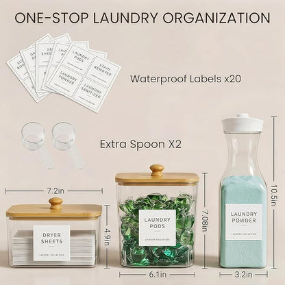 3+2 Pack Laundry Pods Containers & Dryer Sheet Holder & Laundry Detergent Dispenser, Laundry Room Organization and Storage Jars with Lids, Labels and Scoops for Scent Booster, Powder, Pods