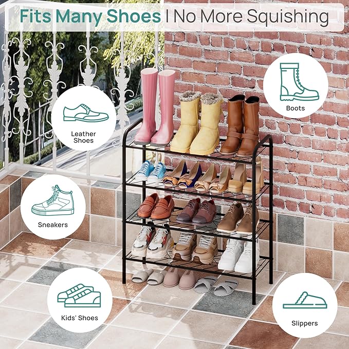 viewcare Shoe Rack for Closet, 4-Tier Small Shoe Rack for Entryway & Garage, Black Shoe Organizer Holds 10-14 Pairs, Sturdy Metal Construction