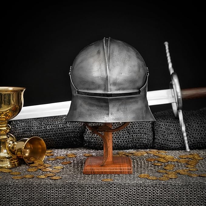 Mythorjan Wooden Helmet Stand Display Décor Stand For Spartan, Templar, Motorcycle, Caps, Hat Decorative Desktop Hanger Rack LARP Helmet Stand, 21 Inch - Natural