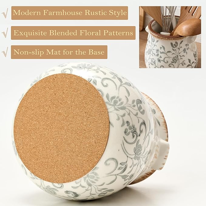 Utensil Holder for Kitchen Counter, Modern Farmhouse Rustic Cooking Utensil Holder and Crock, Exquisite Chinoiserie Floral Ceramic Utensil Organizer for Home Kitchen Decor- Gray Flower Patterns