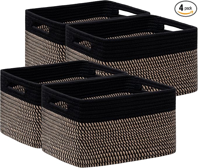UBBCARE 4 Pack Storage Baskets for Shelves, Baskets for Organizing, Cube Shelf Storage Bin with Handles, Woven Storage Basket, 13"L x 9"W x 7.5"H, Black&Brown