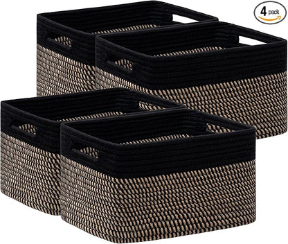 UBBCARE 4 Pack Storage Baskets for Shelves, Baskets for Organizing, Cube Shelf Storage Bin with Handles, Woven Storage Basket, 13"L x 9"W x 7.5"H, Black&Brown