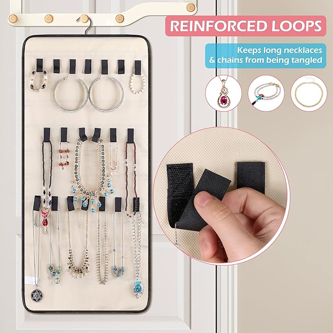 MISSLO Dual-sided Hanging Jewelry Organizer with 40 Pockets and 20 Hook & Loops Closet Necklace Holder for Earring Bracelet Ring Chain with Rotating Hanger, Beige