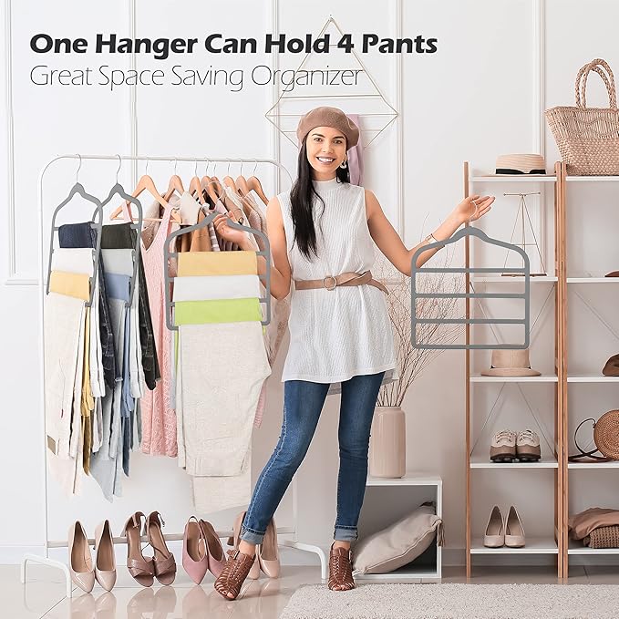 Velvet Pants Clothes Hanger Space Saving Non Slip Pants Shorts Hanger, Myfolrena Jeans Slack Trousers Hangers Multiple Velvet Hanger Closet Storage and Organization for Jeans,Scarf,Tie(Grey, 3)