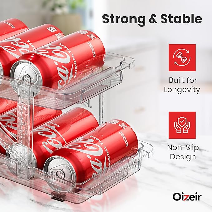 Expandable Soda Can Dispenser For Fridge - 2-Pack - Clear Transparent Soda Can Organizer For Refrigerator, Kitchen, and Pantry Storage Organizer for Cans, Beverage Bottle, Canned Food & Bottles