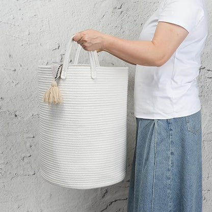 Woven Cotton Rope Laundry basket-15”X20” Laundry Hamper-Rope Storage Basket for Dirty Clothes, Toys and Blankets Perfect for Bathroom, Baby nursery and Living Room Storage (white)
