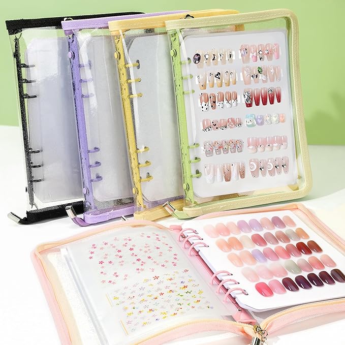 18PCS Press On Nail Organizer Clear Empty Press on Nail Packaging Set with 8 Insert Pages,8 nail double tape and 1 Zipper Pocket for Fake Nail Storage Nail Art Salon (green)