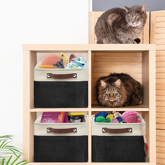 Simple Houseware 15" x 11" Large Fabric Storage Bin for Closet and Shelves, Leather Like Handles, 3 Pack, Black