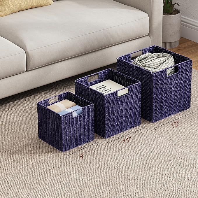 Vagusicc Wicker Storage Basket, Set of 2 Hand-Woven Paper Rope Wicker Basket, Foldable Cube Storage Bins, Square Large Storage Baskets for Organizing Shelves, Decor, Orange (13″×13″×13″)