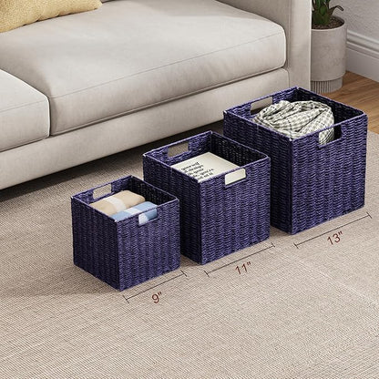 Vagusicc Wicker Storage Basket, Set of 2 Hand-Woven Paper Rope Wicker Basket, Foldable Cube Storage Bins, 9 inch Square Storage Baskets for Organizing Shelves & Decor, Purple (9″×9″×9″)