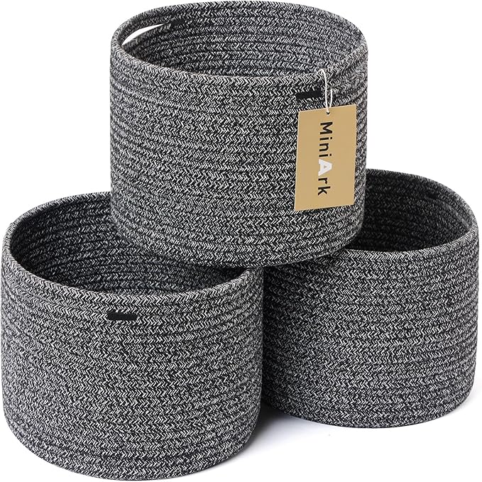 MiniArk Small Basket for Organizing | Cube Shelf Closet Storage Baskets | 9.7×9.7×7.1” | Woven Rope Gift Basket | Nursery | Round 3 Packs Dark Gray