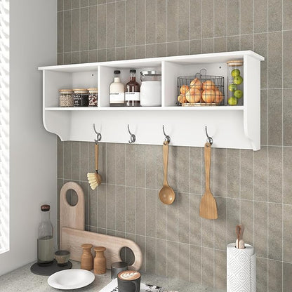 Wall Mounted Coat Rack with 4 Hooks & 3 Shelves, White MDF Entryway Storage, 38.6" Long, Easy Installation