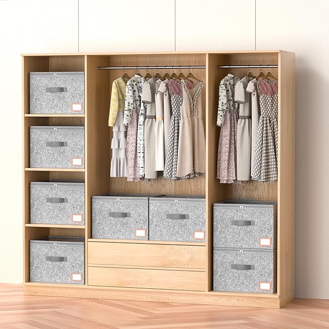 Adjustable Storage Bins for Closet, Wardrobe Clothes Organizer, Shoe Bin, Shoe Organizer, Toys, Closet Storage Solution with Clear Window (Felt Grey 32Pairs, 32Pairs)