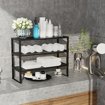 Jojocross Expandable Adjustable Stackable Kitchen Organizer, Spice Rack,Metal Pantry Storage Shelves Racks,Counter Shelf for Cabinets, Countertop, Cupboard (3 Packs/Large/Black)