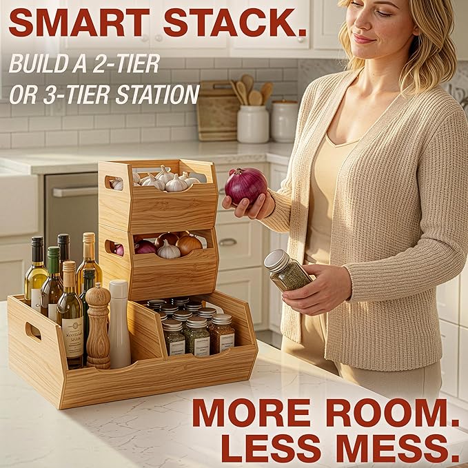 HOMESTEAD Stackable Solid Wood Storage Bins for Pantry & Countertop, Ventilated Potato and Onion Basket Organizer with Handles, Wooden Produce Storage Containers, 3 Pack, Natural Wood