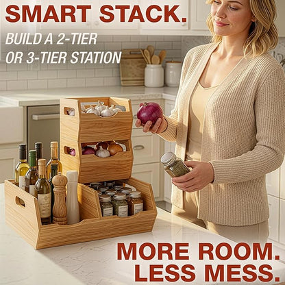 HOMESTEAD Stackable Solid Wood Storage Bins for Pantry & Countertop, Ventilated Potato and Onion Basket Organizer with Handles, Wooden Produce Storage Containers, 3 Pack, Natural Wood