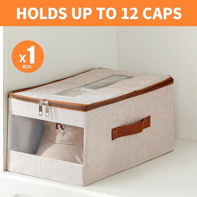 Stackable Hat Organizer for Baseball Caps, Hat Storage Holder Container for Closet Hold Up to 12 Caps with Clear Window, Hat Boxes for Home Storage (Beige, 1 Pack)