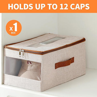 Stackable Hat Organizer for Baseball Caps, Hat Storage Holder Container for Closet Hold Up to 12 Caps with Clear Window, Hat Boxes for Home Storage (Beige, 1 Pack)