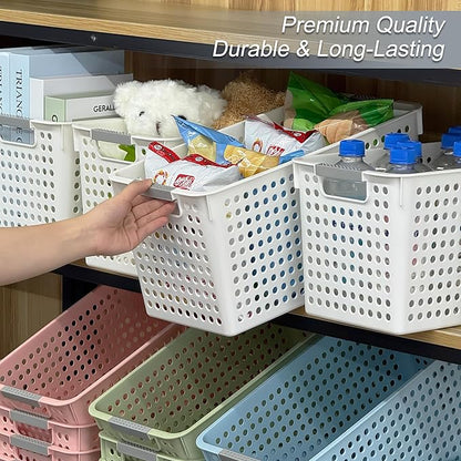 Soddeph Slim Plastic Storage Basket with Handles, Narrow Organizer box for Shelves, Organizer box for Organizing, Kitchen,Home,Office (White, Large)