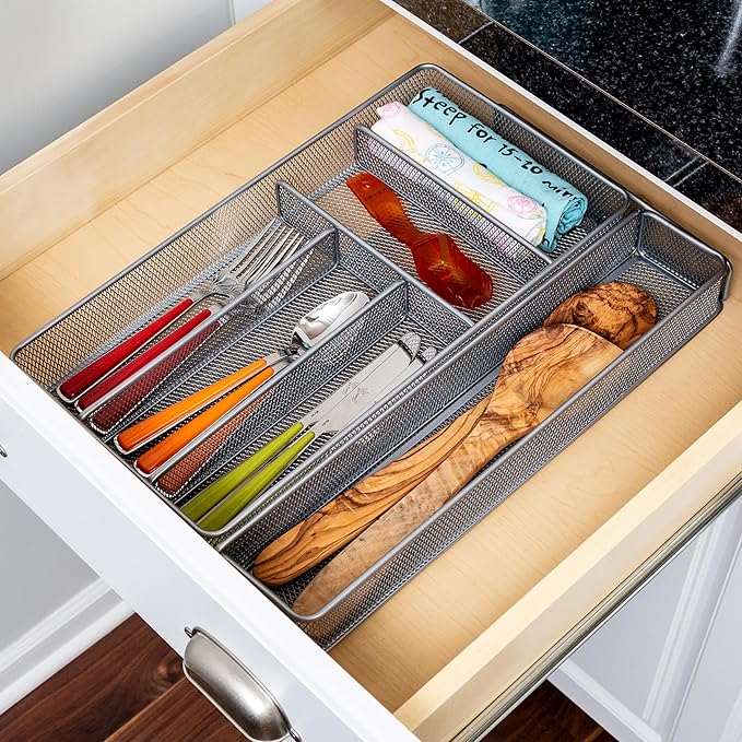 Honey-Can-Do Expandable Steel Mesh Drawer Organizer, 7 Compartments, Silver, Adjustable 11.5 to 20 Inches Wide
