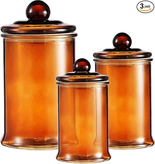 KMwares 3PCs Set Small Glass Premium Quality Apothecary Jars with lids Bathroom Accessories Vanity Organizer Canisters for Cotton Balls/Swabs, Makeup Sponges, Bath Salts, Q-Tips(Brown jar)