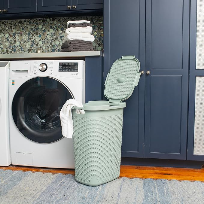 Mind Reader Slim Laundry Hamper with Lid, 60L Tall Clothes Basket, Narrow Tapered Design for Bathrooms, Closets and Laundry Rooms, Plastic, Mint