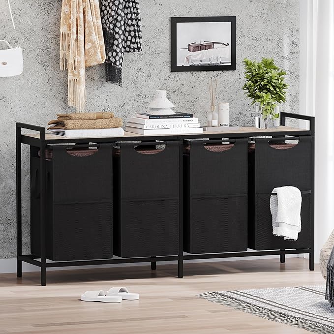 Heybly Laundry Hampers, 4 × 15Gal (228 L) Laundry Basket with Large Desktop Sorter for Laundry Room organization, Bathroom and Dorm Laundry Bags on Storage Shelf, Greige HLH004SG