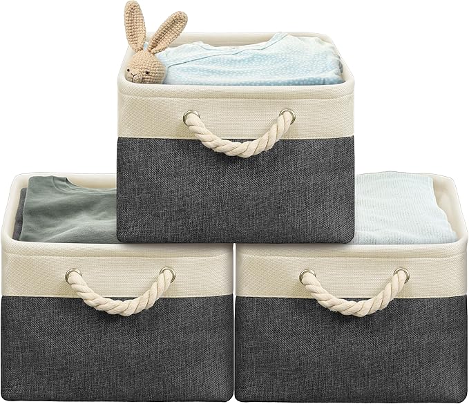 Simple Houseware 15.7" x 12" Wide & Low Fabric Storage Bin for Shallow Gaps and Closet, Braided Handles, 3 Pack, Dark Gray