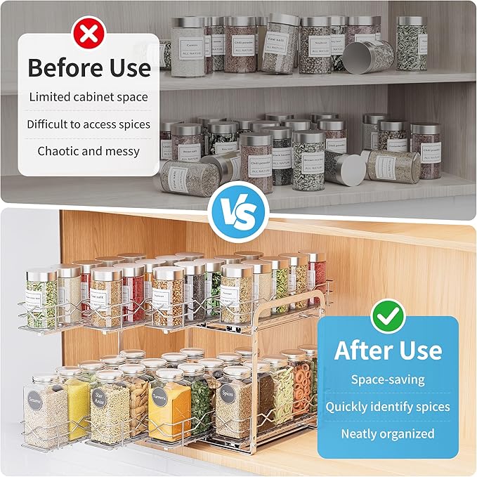 BOIVSHI Spice Rack Organizer, Heavy Duty Vertical Spice Rack Pull Out for Cabinet, 2 Tier Metal Spice Rack for Kitchen, Pantry, Easy to Install & Smooth Sliding, Chrome, 11”W x 10.5”D x 9.5”H