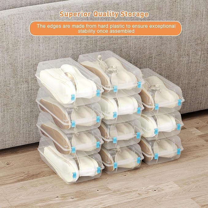 Shoe Organizer for Closet, 4 Pack Plastic Shoe Storage Boxes, Space Saving Stackable Shoe Storage Bins, Sneaker Storage Containers with Clear Lids for Display, Blue