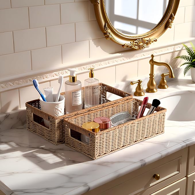 Rectangular Toilet Paper Baskets, 16 ¼"L x 6 ¾"W x 4 ½"H Nesting Plastic Wicker Basket with Built-in Handles, Woven Long Narrow Baskets for Pantry Bathroom Toilet Tank Top Countertop, 2 Pack