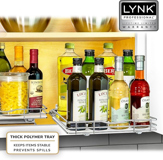 LYNK PROFESSIONAL® Pull Out Spice Organization for Cabinets - 12-3/8 inch Wide – Spice Rack for Inside Cabinets, Slide Out Spice Rack Organizer for cabinet – Pull Out Spice Rack, Sliding 1 Tier Chrome