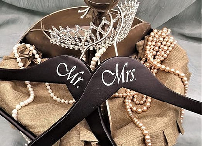 NAHANCO MRMRS20217B Bridal Hanger Set, Black Wood Hangers with Silver Imprint (Mr. and Mrs.), 17” (2 Piece Set), Black w/Silver Imprint