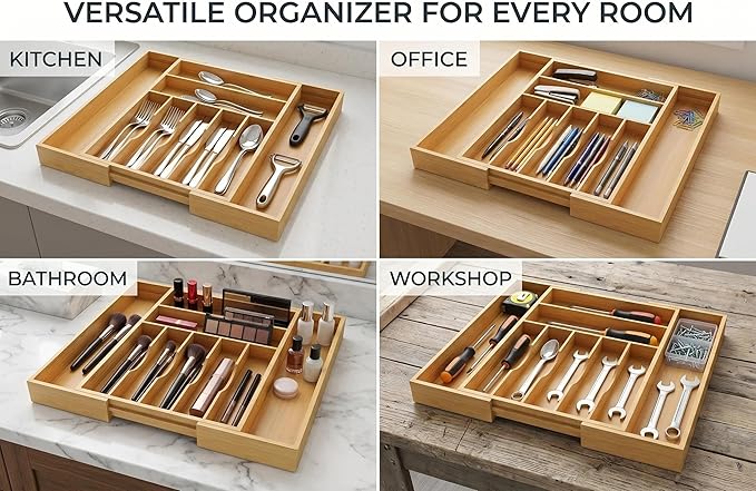 Expandable Bamboo Silverware Drawer Organizer - 20" Extra Wide Cutlery Tray with 9 Deep Compartments - 17.3" Length Large Utensil Holder & Kitchen Drawer Divider (Natural)