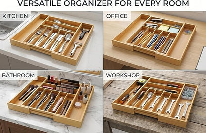 Expandable Bamboo Silverware Drawer Organizer - 20" Extra Wide Cutlery Tray with 9 Deep Compartments - 17.3" Length Large Utensil Holder & Kitchen Drawer Divider (Natural)