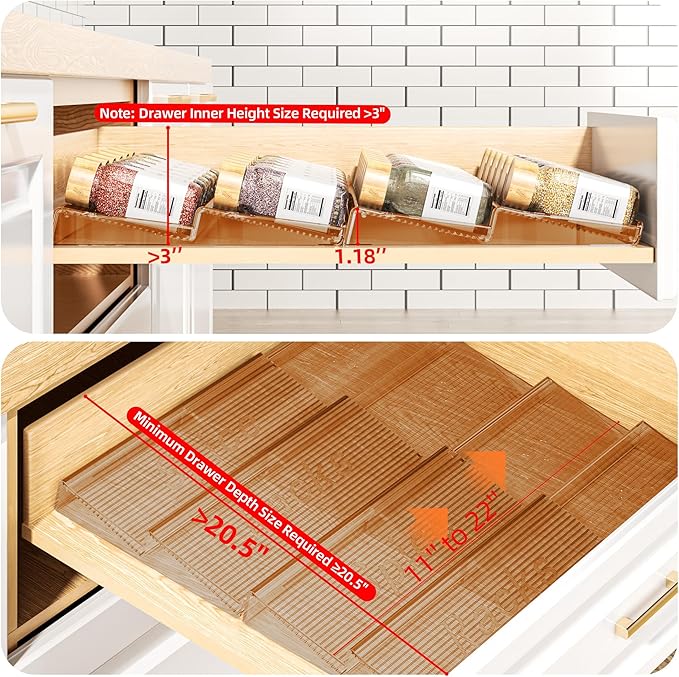 MUDEELA Clear Spice Drawer Organizer, 4 Tier- 4 Set (8 Packs) Spice Rack for Drawer, Expandable From 11" to 22" Kitchen Seasoning Organizers and Storage for Drawer (Jars not included), Amber