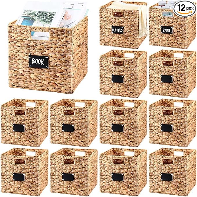 Jinei 12 Pcs Wicker Storage Basket Bulk, 12 x 12 Inch Handwoven Water Hyacinth Folding Cube Bin with Handles Labels for Shelves Pantry Laundry Organization