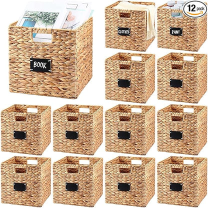 Jinei 12 Pcs Wicker Storage Basket Bulk, 12 x 12 Inch Handwoven Water Hyacinth Folding Cube Bin with Handles Labels for Shelves Pantry Laundry Organization