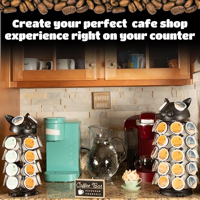 Made Easy Kit Carousel Coffee Pod Holder, Compatible with Keurig K-Pods K-Cups, Countertop Rack Storage Organizer, Metal Home and Kitchen Decor, Capsule Café Station Bar (Large, Black Cat)