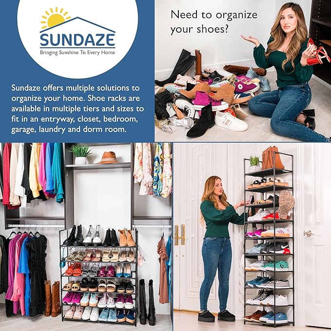 Sundaze Shoe Rack - 10 Tier Tall Shoe Rack for Closet, Sturdy Stackable Shoe Organizer for Closet, Bedroom, Entryway, Garage, Non Woven Fabric Shelf, Black, Holds 20-30 Pairs