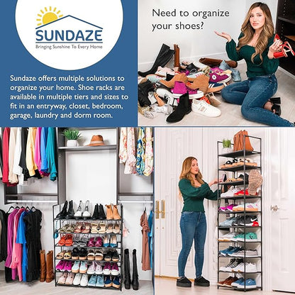 Sundaze Shoe Rack - 10 Tier Tall Shoe Rack for Closet, Sturdy Stackable Shoe Organizer for Closet, Bedroom, Entryway, Garage, Non Woven Fabric Shelf, Black, Holds 20-30 Pairs