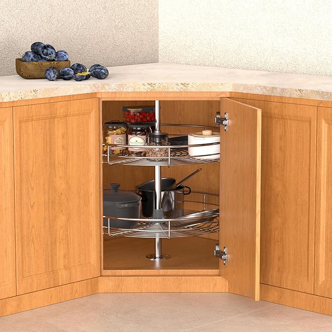 JOWBOOW 24" Chrome Corner Cabinet Lazy Susan, Full Circle Corner Cabinet Lazy Susan Replacement Shelves Rotating Rack for Corner Base Kitchen